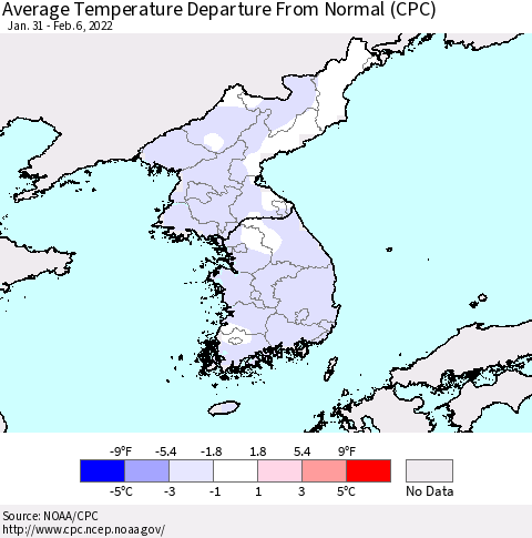 Korea Average Temperature Departure from Normal (CPC) Thematic Map For 1/31/2022 - 2/6/2022