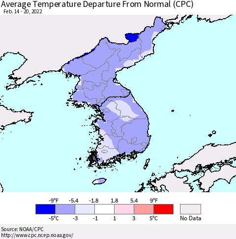 Korea Average Temperature Departure from Normal (CPC) Thematic Map For 2/14/2022 - 2/20/2022