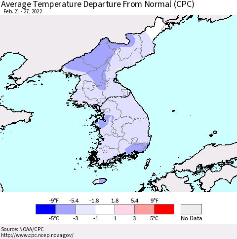 Korea Average Temperature Departure from Normal (CPC) Thematic Map For 2/21/2022 - 2/27/2022