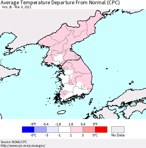 Korea Average Temperature Departure from Normal (CPC) Thematic Map For 2/28/2022 - 3/6/2022