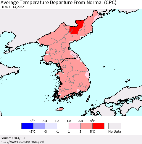 Korea Average Temperature Departure from Normal (CPC) Thematic Map For 3/7/2022 - 3/13/2022