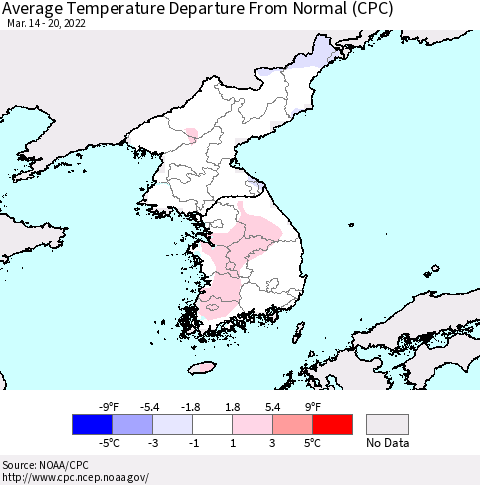 Korea Average Temperature Departure from Normal (CPC) Thematic Map For 3/14/2022 - 3/20/2022