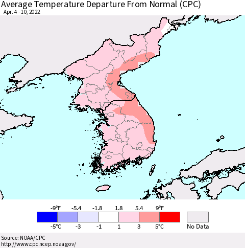 Korea Average Temperature Departure from Normal (CPC) Thematic Map For 4/4/2022 - 4/10/2022