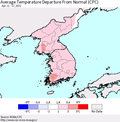 Korea Average Temperature Departure from Normal (CPC) Thematic Map For 4/11/2022 - 4/17/2022