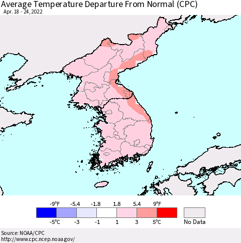 Korea Average Temperature Departure from Normal (CPC) Thematic Map For 4/18/2022 - 4/24/2022