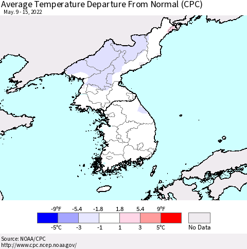 Korea Average Temperature Departure from Normal (CPC) Thematic Map For 5/9/2022 - 5/15/2022