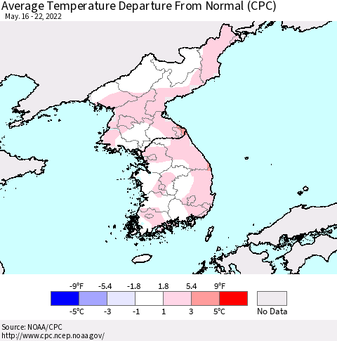 Korea Average Temperature Departure from Normal (CPC) Thematic Map For 5/16/2022 - 5/22/2022