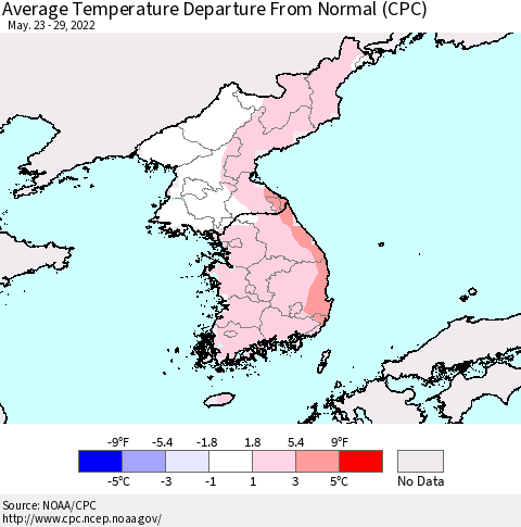 Korea Average Temperature Departure from Normal (CPC) Thematic Map For 5/23/2022 - 5/29/2022
