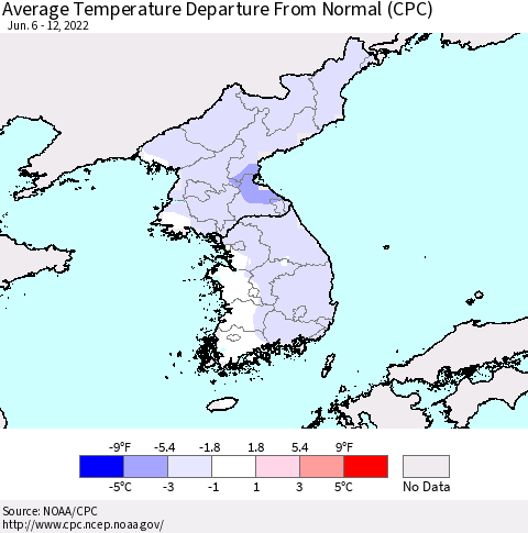 Korea Average Temperature Departure from Normal (CPC) Thematic Map For 6/6/2022 - 6/12/2022