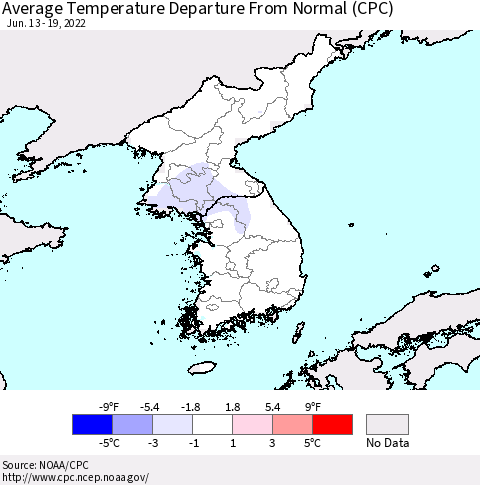 Korea Average Temperature Departure from Normal (CPC) Thematic Map For 6/13/2022 - 6/19/2022