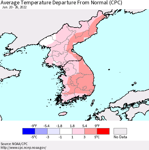 Korea Average Temperature Departure from Normal (CPC) Thematic Map For 6/20/2022 - 6/26/2022