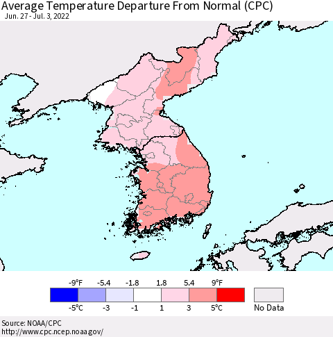 Korea Average Temperature Departure from Normal (CPC) Thematic Map For 6/27/2022 - 7/3/2022