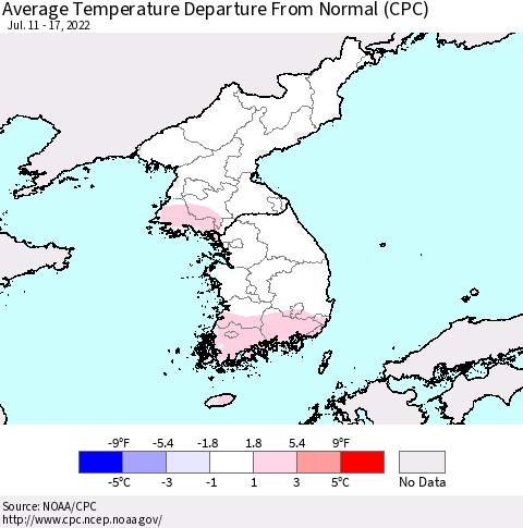 Korea Average Temperature Departure from Normal (CPC) Thematic Map For 7/11/2022 - 7/17/2022