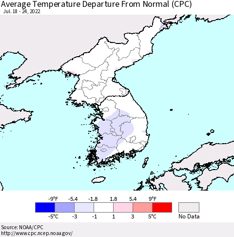 Korea Average Temperature Departure from Normal (CPC) Thematic Map For 7/18/2022 - 7/24/2022