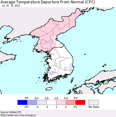 Korea Average Temperature Departure from Normal (CPC) Thematic Map For 7/25/2022 - 7/31/2022