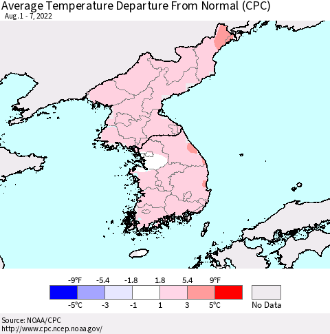 Korea Average Temperature Departure from Normal (CPC) Thematic Map For 8/1/2022 - 8/7/2022