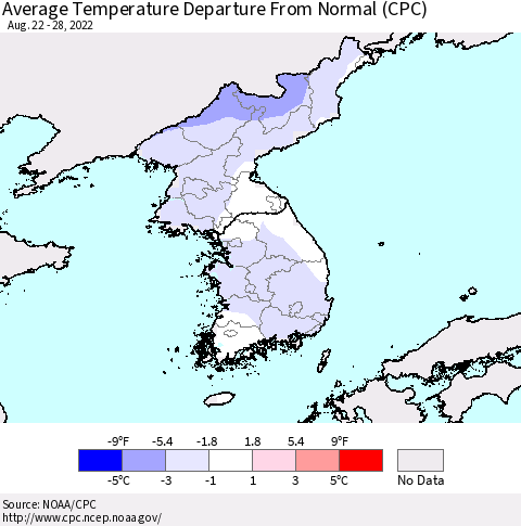 Korea Average Temperature Departure from Normal (CPC) Thematic Map For 8/22/2022 - 8/28/2022