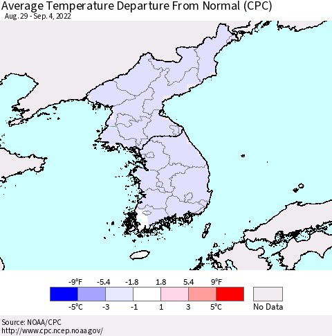 Korea Average Temperature Departure from Normal (CPC) Thematic Map For 8/29/2022 - 9/4/2022
