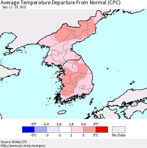 Korea Average Temperature Departure from Normal (CPC) Thematic Map For 9/12/2022 - 9/18/2022