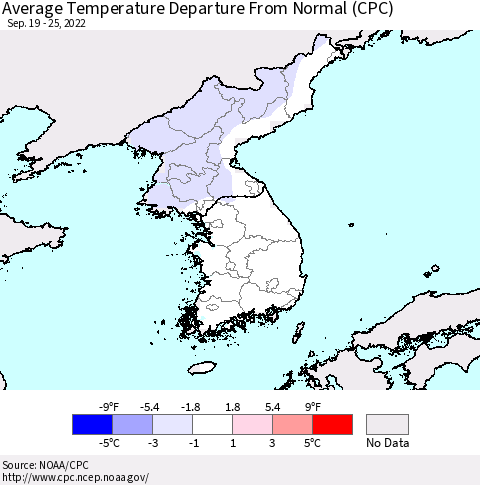 Korea Average Temperature Departure from Normal (CPC) Thematic Map For 9/19/2022 - 9/25/2022