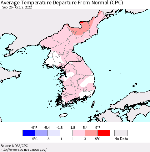 Korea Average Temperature Departure from Normal (CPC) Thematic Map For 9/26/2022 - 10/2/2022