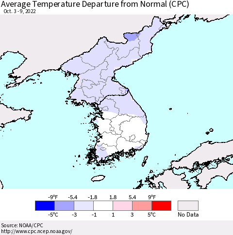 Korea Average Temperature Departure from Normal (CPC) Thematic Map For 10/3/2022 - 10/9/2022
