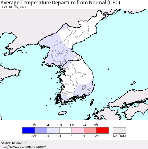 Korea Average Temperature Departure from Normal (CPC) Thematic Map For 10/10/2022 - 10/16/2022