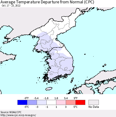 Korea Average Temperature Departure from Normal (CPC) Thematic Map For 10/17/2022 - 10/23/2022