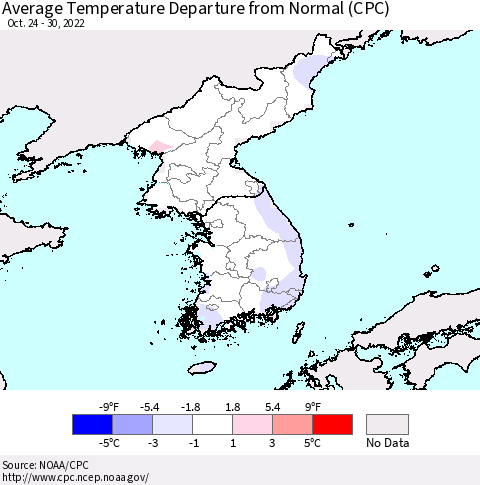Korea Average Temperature Departure from Normal (CPC) Thematic Map For 10/24/2022 - 10/30/2022