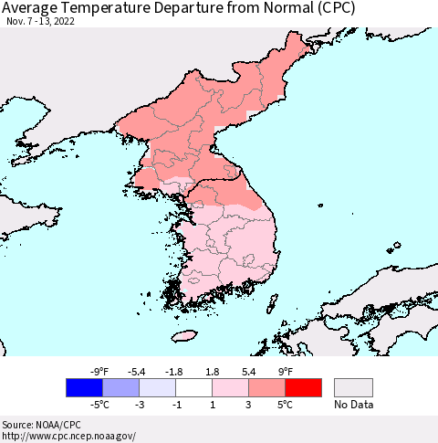 Korea Average Temperature Departure from Normal (CPC) Thematic Map For 11/7/2022 - 11/13/2022