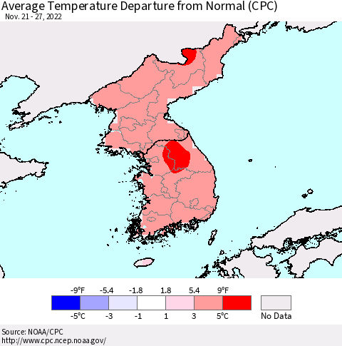 Korea Average Temperature Departure from Normal (CPC) Thematic Map For 11/21/2022 - 11/27/2022
