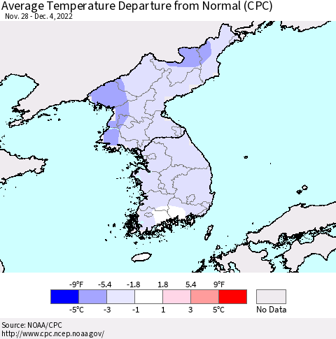 Korea Average Temperature Departure from Normal (CPC) Thematic Map For 11/28/2022 - 12/4/2022
