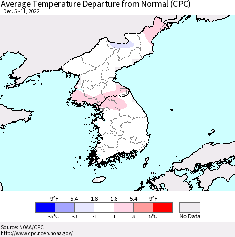 Korea Average Temperature Departure from Normal (CPC) Thematic Map For 12/5/2022 - 12/11/2022