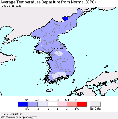 Korea Average Temperature Departure from Normal (CPC) Thematic Map For 12/12/2022 - 12/18/2022