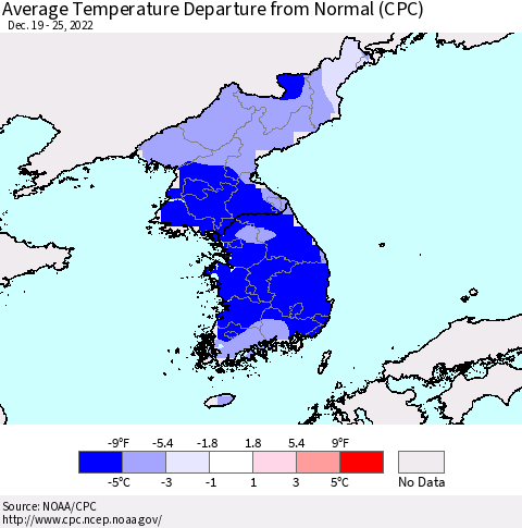 Korea Average Temperature Departure from Normal (CPC) Thematic Map For 12/19/2022 - 12/25/2022