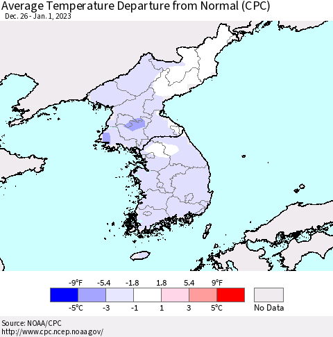 Korea Average Temperature Departure from Normal (CPC) Thematic Map For 12/26/2022 - 1/1/2023
