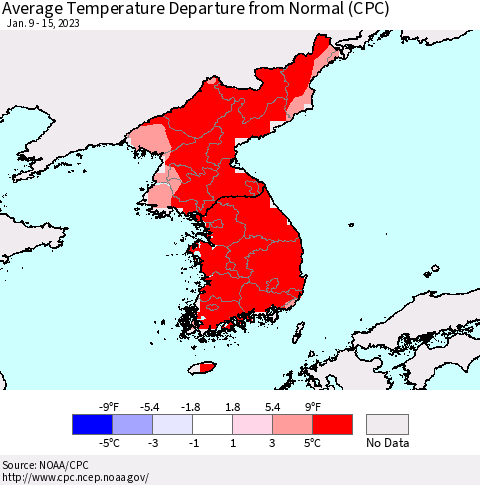 Korea Average Temperature Departure from Normal (CPC) Thematic Map For 1/9/2023 - 1/15/2023