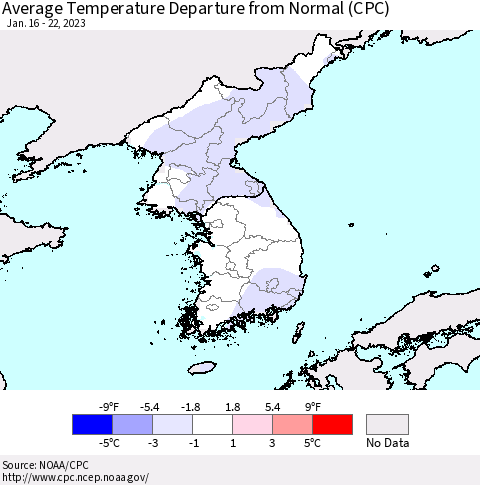 Korea Average Temperature Departure from Normal (CPC) Thematic Map For 1/16/2023 - 1/22/2023