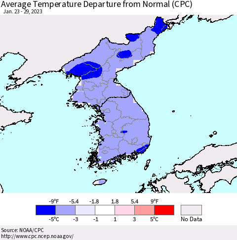Korea Average Temperature Departure from Normal (CPC) Thematic Map For 1/23/2023 - 1/29/2023