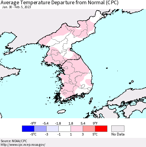 Korea Average Temperature Departure from Normal (CPC) Thematic Map For 1/30/2023 - 2/5/2023