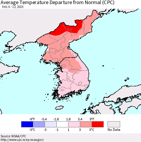 Korea Average Temperature Departure from Normal (CPC) Thematic Map For 2/6/2023 - 2/12/2023