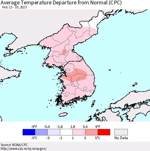 Korea Average Temperature Departure from Normal (CPC) Thematic Map For 2/13/2023 - 2/19/2023