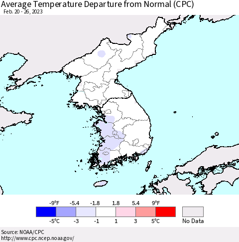 Korea Average Temperature Departure from Normal (CPC) Thematic Map For 2/20/2023 - 2/26/2023