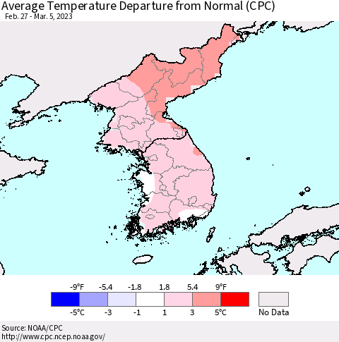 Korea Average Temperature Departure from Normal (CPC) Thematic Map For 2/27/2023 - 3/5/2023