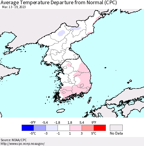 Korea Average Temperature Departure from Normal (CPC) Thematic Map For 3/13/2023 - 3/19/2023