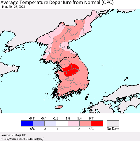Korea Average Temperature Departure from Normal (CPC) Thematic Map For 3/20/2023 - 3/26/2023