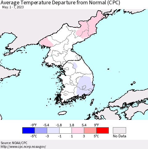 Korea Average Temperature Departure from Normal (CPC) Thematic Map For 5/1/2023 - 5/7/2023