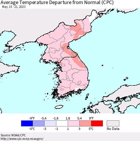 Korea Average Temperature Departure from Normal (CPC) Thematic Map For 5/15/2023 - 5/21/2023