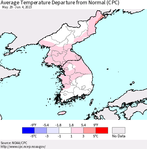 Korea Average Temperature Departure from Normal (CPC) Thematic Map For 5/29/2023 - 6/4/2023