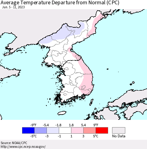 Korea Average Temperature Departure from Normal (CPC) Thematic Map For 6/5/2023 - 6/11/2023